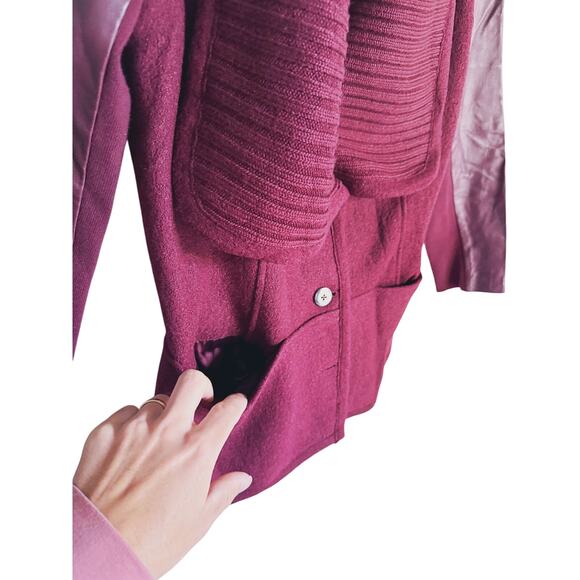 H by Halston Wool Blend Sweater Jacket Leather Sleeves Red 6 Quiet Luxury Maroon - Picture 10 of 10